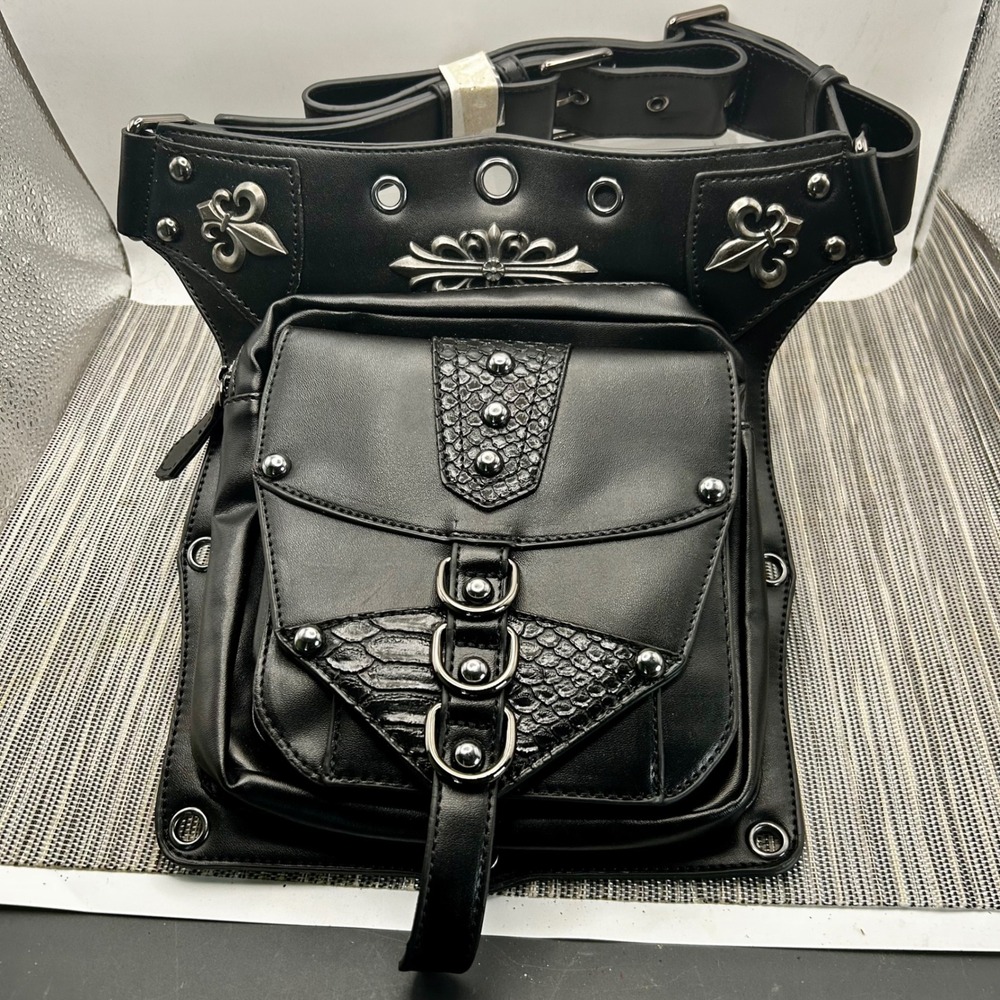 Black Steampunk Drop Leg Bag Faux Leather Fleur De Lis Gothic Waist Pack
